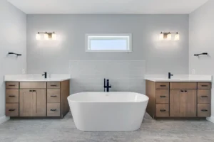Large bathroom with two sinks and soaking tub