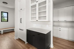 black and white kitchen butler pantry glass upper cabinets