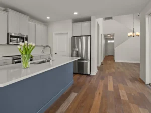 blue island tulips stainless fridge hallway view