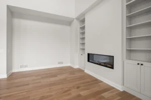 close up built ins linear fireplace niche wall