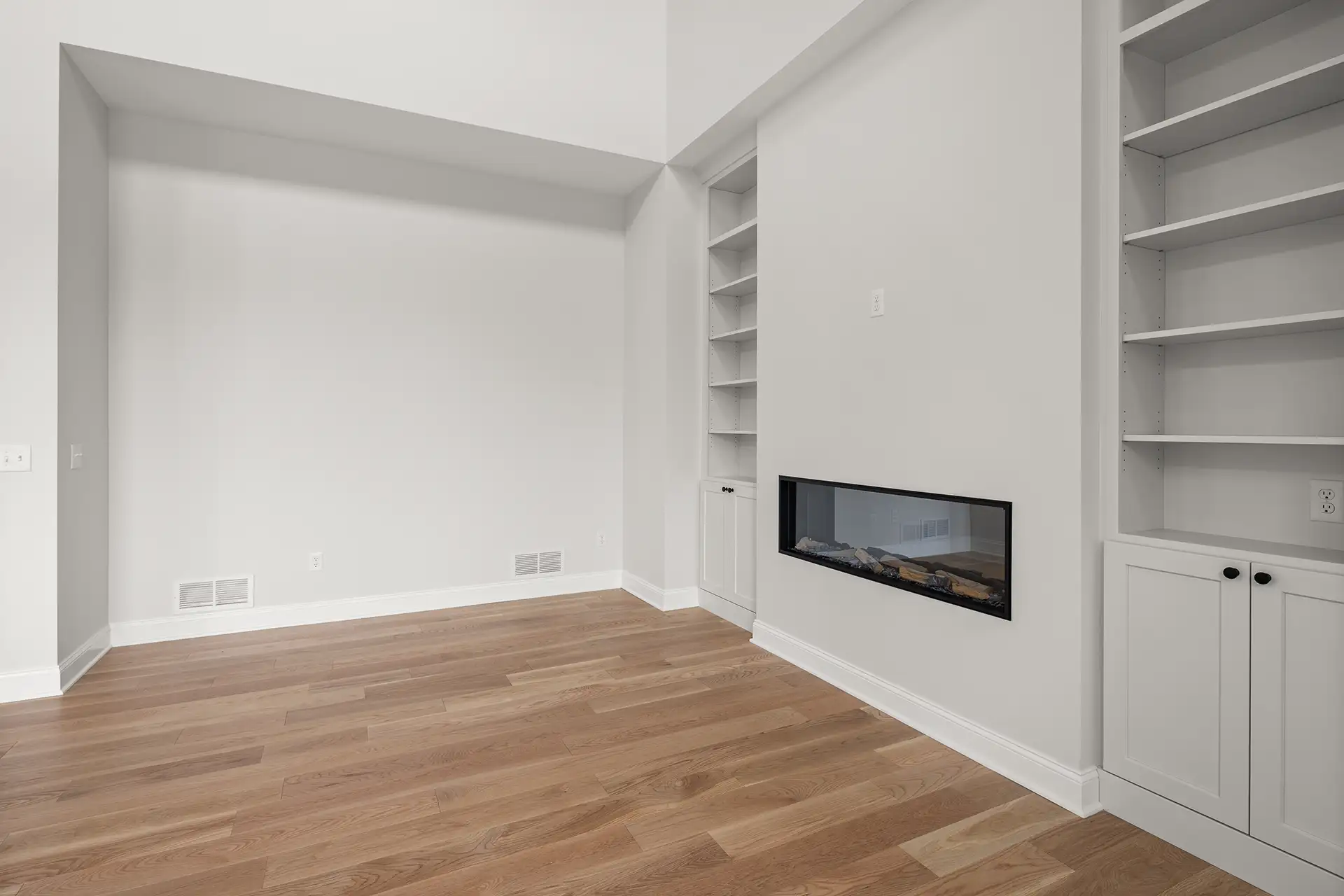 close up built ins linear fireplace niche wall