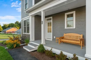 covered porch with wood bench and side table at golden hour.