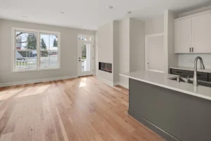 gray kitchen island sink fireplace living area