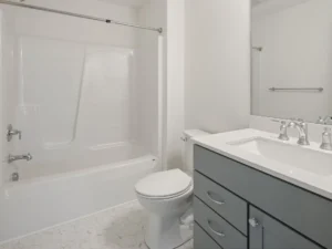 gray vanity with tub shower unit and mosaic floor tile