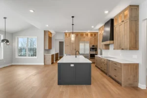 natural wood kitchen wide angle dark island winter view