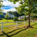 neighborhood common green with white split rail fence and homes