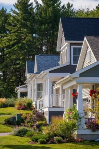 row of craftsman homes with covered porches and flower gardens