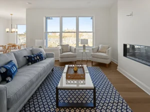 staged living room fireplace armchairs blue rug