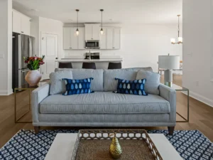 staged living room gray sofa blue pillows open kitchen