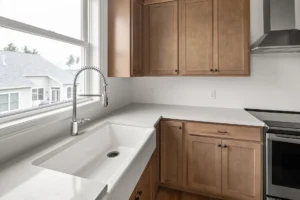 wood kitchen farmhouse sink coil faucet window view
