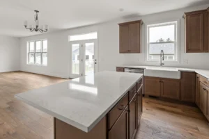 wood kitchen island farmhouse sink open living French doors